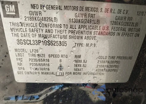 2008 Saturn Vue 4-Cyl Xe z USA, uszkodzony, nr VIN 3GSCL33P18S625305